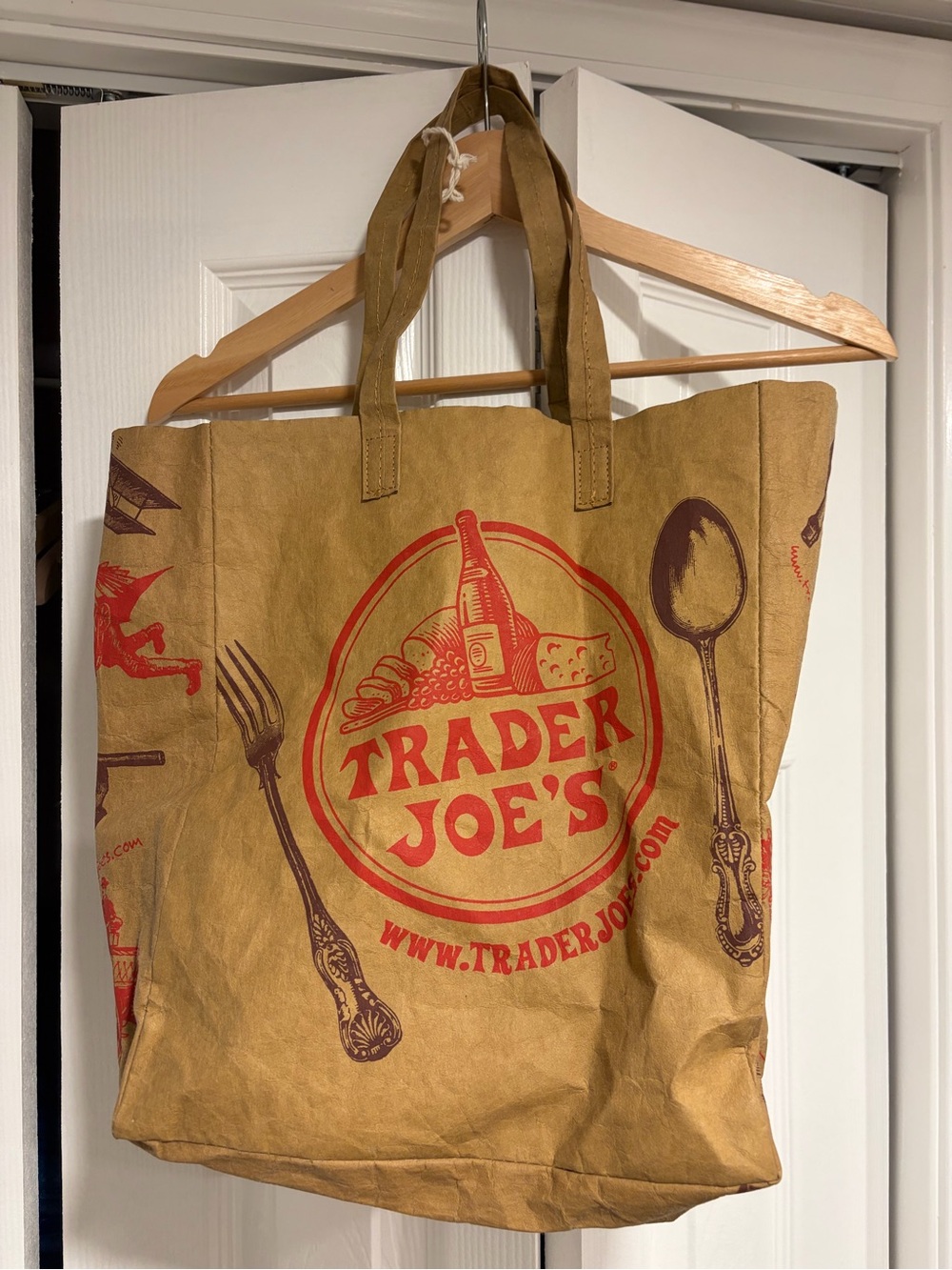 Trader Joes Brown Tote Bag with Red Logo